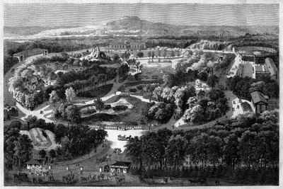Gesamtansicht des Akklimatisierungsgartens im Bois de Boulogne, angeboten und eingeweiht von Napoleon III im Jahr 1860, kombiniert Natur, üppige Flora und exotische Tiere, in l