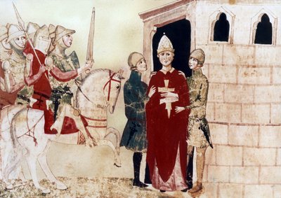 Papst Bonifatius VIII. (1294-1303) hier Gefangener in Anagni im Jahr 1303, Illustration aus einem Manuskript des 14. Jahrhunderts von Unknown artist