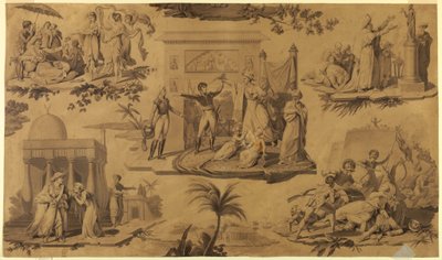 Zeichnung, Cartoon für bedruckten Baumwollstoff: Die Franzosen in Ägypten [Les Francais en Egypte], ca. 1815 von Unknown artistUnknown artist