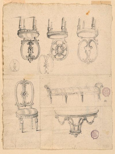 Zeichnung, Stühle und architektonische Skizzen, 1785–1795 von Unknown artistUnknown artist