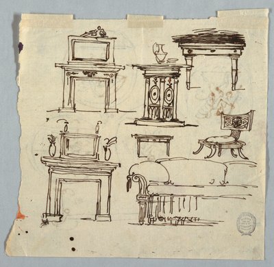 Zeichnung, Kaminstücke, Möbel und Deckenmedaillon, 1790–1810 von Unknown artistUnknown artist