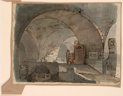 Zeichnung, Bühnenbild, Unterirdischer gewölbter Raum mit Gräbern, frühes 19. Jahrhundert von Unknown artistUnknown artist