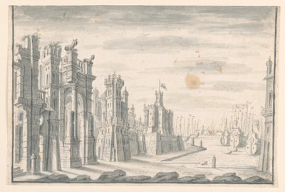Zeichnung, Bühnenbild, Blick auf Stadt und Hafen, frühes 18. Jahrhundert von Unknown artistUnknown artist