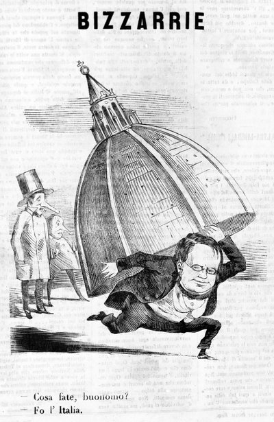 - Was machen Sie, Herr? - Ich mache Italien (Cavour mit der Kuppel von Florenz) satirische Gravur von Il Fischietto von Unknown artist