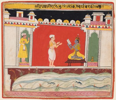 Ein Brahmane überbringt Krishna die Nachricht oder Einladung zum Wettbewerb für Rukminis Svayamvara, aus einem Bhagavata Purana von Unknown artist