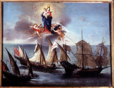Ein Genueser Boot wird von einer Galeere und einer barbarischen Halb-Galeere angegriffen. Ex-voto 1796. Museo navale di Genova-Pegli von Unknown artist