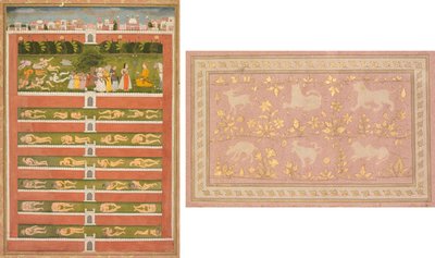 Eine Prinzessin und Dämonen vor einem Edelmann: Ein Blatt aus einer poetischen Romanze über Shah Alam I (recto); Schablonierte Szenen von Löwe und Gazelle (verso) von Unknown artist