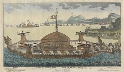Ansicht des französischen Floßes, wie es im Februar 1798 in St. Maloes schwimmt. Die Maschine ist 600 Fuß lang und 300 breit, trägt 500 Kanonen, 36 & 48 Pfund, und soll 15.000 Truppen für die Invasion Englands transportieren. von Unknown artist