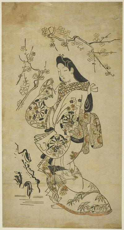 Eine junge Frau, die in der Nähe eines Pflaumenbaums spaziert von Unknown artist