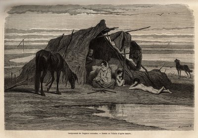 Ein Lager von nomadischen Zigeunern in den Ebenen Nordbosniens. Gravur zur Illustration der Reiseerinnerungen unter den südlichen Slawen, von Georges Perrot, 1868, veröffentlicht in "Le tour du monde" 1870-1871, herausgegeben von Edouard Charton, Hachette, von Unknown artist