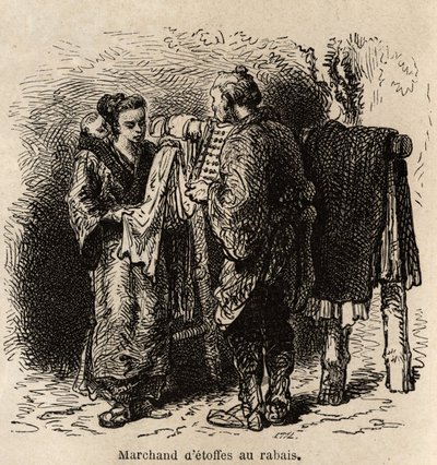 Ein Rabattstoffhändler bietet einer jungen Frau, die ihr Kleinkind auf dem Rücken trägt, seine Ware an. Gravur zur Illustration der Reise nach Japan, von Aime Humbert, Minister der Schweizerischen Eidgenossenschaft, 1863-1864, veröffentlicht in „Le tour du von Unknown artist