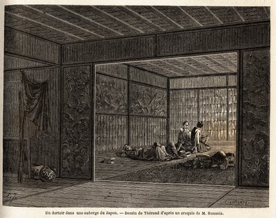 Ein Schlafsaal in einem Gasthaus in Japan. Gravur zur Illustration der Reise nach Japan 1863-1864, von Aime Humbert, Minister der Schweizerischen Eidgenossenschaft, in „Le tour du monde, nouveau journal des voyages“, veröffentlicht unter der Leitung von Ed von Unknown artist