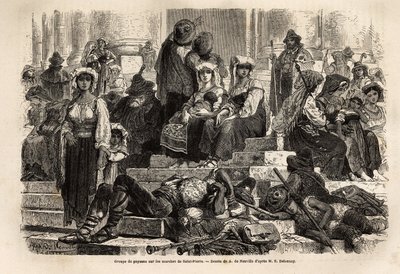 Eine Gruppe von Bauern und Hirten versammelt sich zur Feier der Karwoche auf den Stufen von St. Peter im Vatikan. Gravur zur Illustration der Geschichte der Karwoche in Rom, im Jahr 1863, von Ludovic Celler, in „Le tour du monde, nouveau journal des voyage von Unknown artist