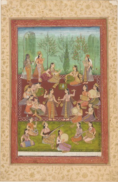 Eine Gruppe von Frauen in einem Garten, die sich mit Musik und Tanz vergnügen von Unknown artist