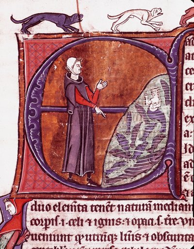 Ein Mönch vor einem Teich, eine Meerjungfrau ist unter den Fischen dargestellt. Miniatur aus dem Manuskript „Speculum historiale“ von Vincent de Beauvais von Unknown artist