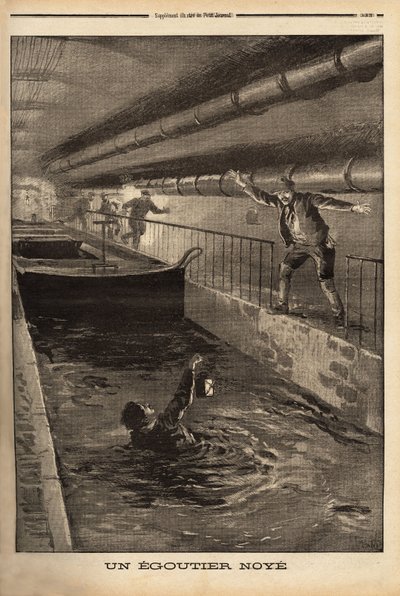 Ein Segutter aus Paris ertrinkt bei der Reinigung einer schlammigen Ableitung. Gravur in "Le petit journal" 15/9/1899. Selva Sammlung. von Unknown artist