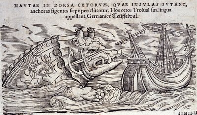 Ein Wal, der mit einer Insel verwechselt wird. Zwei Personen entzünden ein Feuer auf dem Rücken eines Meeresmonsters. Gravur in „Historia Animalium“ von Conrad Gesner (1516-1565), Tiguri von Unknown artist