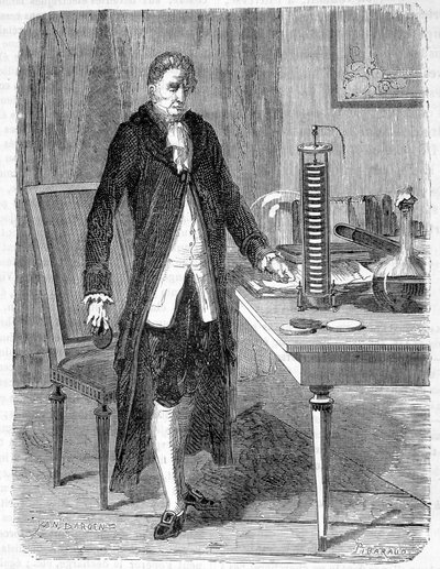 Alessandro Volta baute 1799 den Elektromotor oder die elektrische Batterie - Gravur von Unknown artist