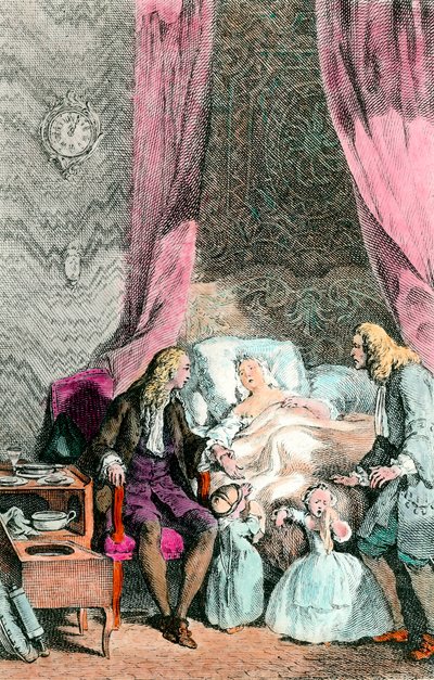 Ein beobachtender Arzt. Eine kranke oder bereits verstorbene Frau ist von ihrer Familie und dem Arzt umgeben. Die Kinder weinen. (Kupferstich um 1780) von Unknown artist