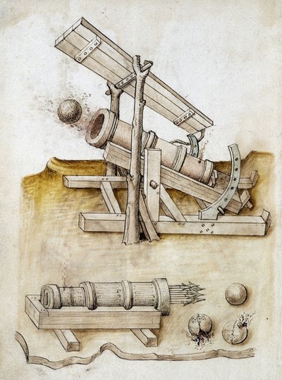 Kugelkanone und Pfeilkanone - Manuskript: Pergamentblatt eines Ingenieurhandbuchs für den Bau ziviler, religiöser und militärischer Gebäude, anonym, spätes 15. Jahrhundert (Figur in chinesischer Tinte) von Unknown artist