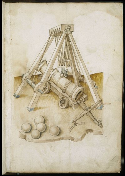 Kugelkanone und Aufzug - Manuskript: Pergamentblatt eines Ingenieurhandbuchs für den Bau ziviler, religiöser und militärischer Gebäude, anonym, spätes 15. Jahrhundert (Figur in chinesischer Tinte) von Unknown artist