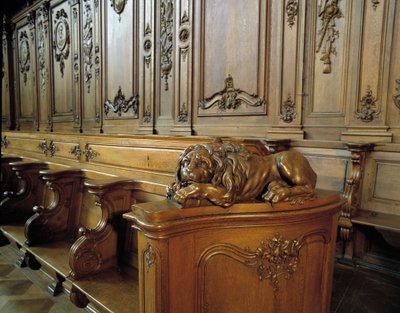 Barockarchitektur: Holzstall, der einen Löwen darstellt, Attribut des Evangelisten Markus. Chor (18. Jahrhundert) der Kirche St. Stephan. Innenansicht. Marmoutier, Bas-Rhin. von Unknown artist