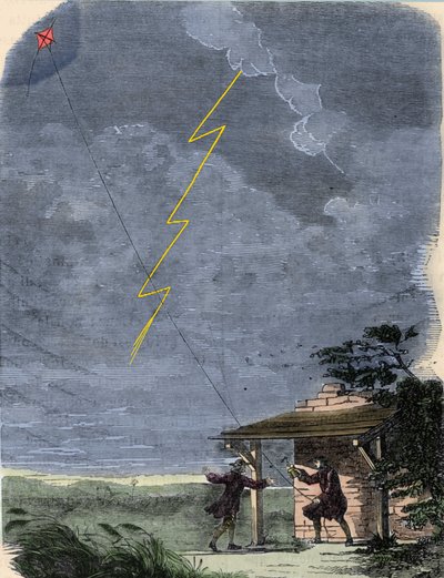 Benjamin Franklin, Philosoph, Physiker und amerikanischer Botschafter, experimentiert mit seinem Blitzableiter, der an einem Drachen befestigt ist. September 1752. von Unknown artist