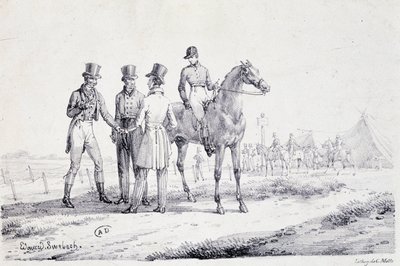Wette am Rand des Rennfeldes mit einem Jockey zu Pferd (Lithographie, Anfang 19. Jahrhundert) von Unknown artist