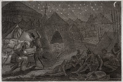 Bibel von Royaumont, Altes Testament: David rettet Saul. David hat Saul in seiner Hand, aber er verletzt ihn nicht. Er nimmt nur den Speer und seinen Becher. Illustration von 1811. von Unknown artist
