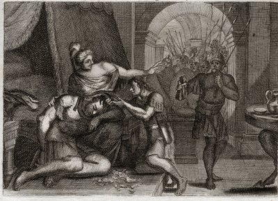 Bibel von Royaumont, Altes Testament: Tod von Samson. Samson verrät Dalila, dass seine Stärke in seinem Haar liegt. Sie schneidet ihm das Haar ab und bringt die Philister-Soldaten in den Raum. Illustration von 1811. von Unknown artist