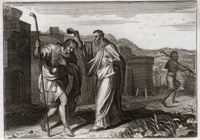 Royaumont-Bibel, Altes Testament: Salbung Sauls. Samuel, auf Gottes Befehl, salbte Saul zum König der Juden. Illustration von 1811. von Unknown artist