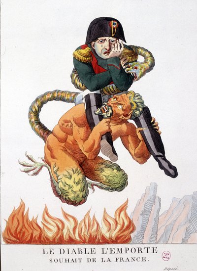 Karikatur über Napoleon Bonaparte, der vom Teufel getragen wird: Möge der Teufel den Wunsch Frankreichs erfüllen - in „Napoleon I., Karikaturen, Dummysammlung“. 1814 - 1815. B.H.V.P. von Unknown artist