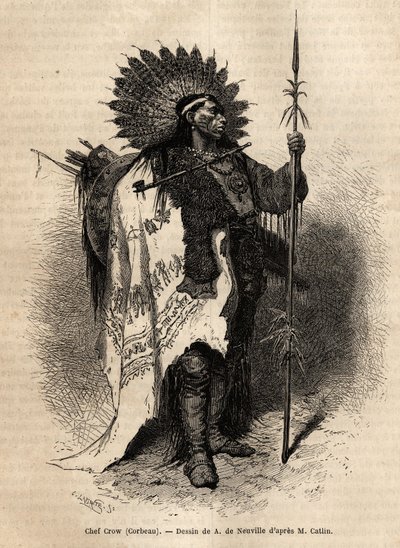Häuptling Gelber Mokassin, vom Stamm der Crow-Indianer, lebt am Lewis River. Gravur zur Illustration eines Ausflugs unter die Indianerstämme der Becken von Kolumbien und Oberen Missouri, von G. Catlin, 1855, veröffentlicht in „Le tour du monde“ von Unknown artist