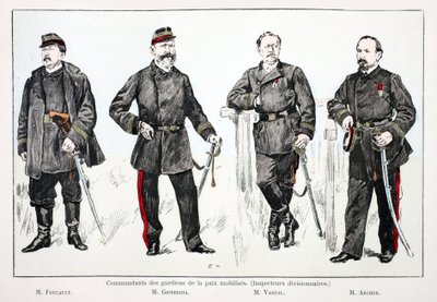 Kommandeure der mobilisierten Friedenswächter (Divisionsinspektoren), von links nach rechts: Herr Foucault, Herr Giobergia, Herr Vassal, Herr Archer. Farbradierung zur Illustration „Histoire du corps des gardiens de la paix“, Buch veröffentlicht unter der  von Unknown artist