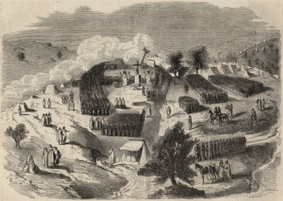 Eroberung Algeriens: Expedition nach Groß-Kabylien im Jahr 1857, Grundsteinlegung des Fort Napoleon in Souk-el-Arba. Gravur in „Le Monde illustrious“ von 1857. Private Sammlung. von Unknown artist