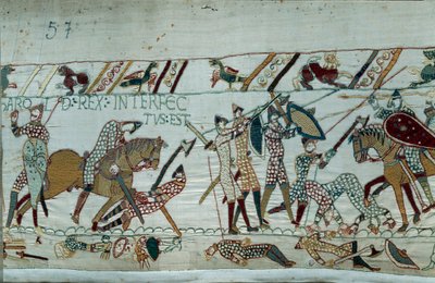 Eroberung Englands durch den Herzog der Normandie Wilhelm den Eroberer (1027-1087) im Jahr 1066: Der Tod von König Harold II. durch einen Pfeil ins Auge in der Schlacht von Hastings (Detail des Teppichs von Bayeux oder der Stickerei von Königin Mathilde) von Unknown artist