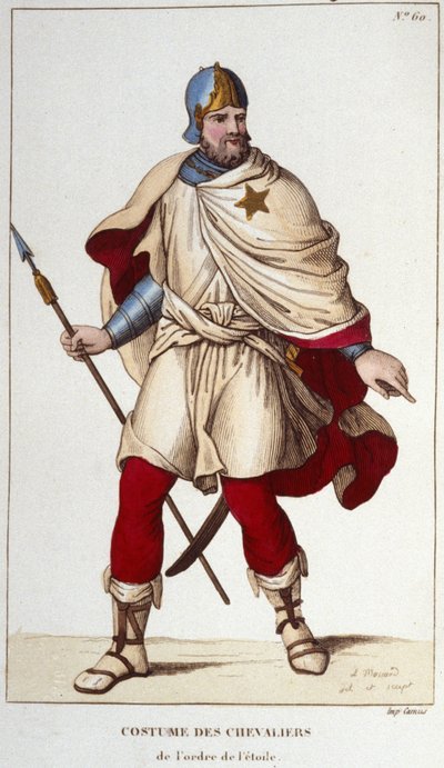 Kostüm des Ritters des Ordens des Sterns, gegründet von Johann II. dem Guten, im Jahr 1351. Gravur von 1830 von Unknown artist