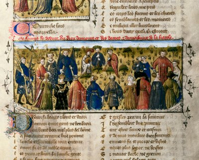 Hofunterhaltungen: Tänze und Spiele. Die Szene spielt in Anwesenheit der Götter der Liebe, Schönheit, Lieferung, Franchise, Höflichkeit und Jugend. Miniatur aus "Der Roman der Rose". 14. Jahrhundert Valencia. Universitätsbibliothek. von Unknown artist