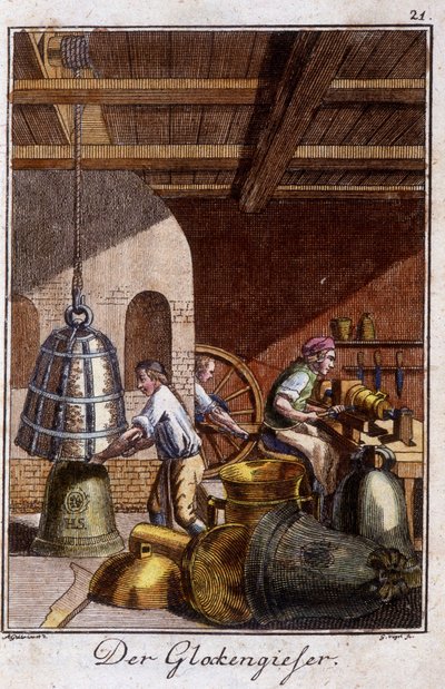 Handwerk: der Glockenmacher in seiner Werkstatt. In „Umfassende Beschreibung der Künste und Handwerke und Werkstätten für junge Leute“ von Johan Peter Vue. Ed. Nürnberg, Weigel und Schneider von Unknown artist
