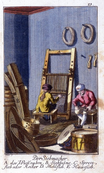 Handwerk: Siebmacher in ihrer Werkstatt. In „Umfassende Beschreibung der Künste und Handwerke und Werkstätten für junge Leute“ von Johan Peter Vue. Hrsg. Nürnberg, Weigel und Schneider von Unknown artist