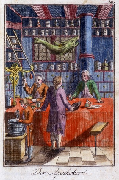 Handwerk: der Apotheker (Pharmazeut) in seiner Werkstatt. In „Umfassende Beschreibung der Künste und Handwerke und Werkstätten für junge Leute“ von Johan Peter Vire. Hrsg. Nürnberg, Weigel und Schneider von Unknown artist