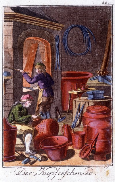 Handwerk: der Kesselschmied in seiner Werkstatt. In „Umfassende Beschreibung der Künste und Handwerke und Werkstätten für junge Leute“ von Johan Peter Vue. Ed. Nürnberg, Weigel und Schneider von Unknown artist