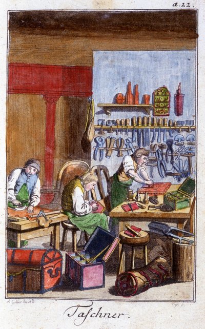 Handwerk: der Taschenmacher und der Jagdtaschenmacher in ihrer Werkstatt. In „Umfassende Beschreibung der Künste und Handwerke und Werkstätten für junge Leute“ von Johan Peter Vue. Ed. Nürnberg, Weigel und Schneider von Unknown artist