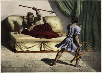 David spielt die Zither vor König Saul, um ihn zu beruhigen. Anonyme Gravur aus der Mitte des 19. Jahrhunderts von Unknown artist