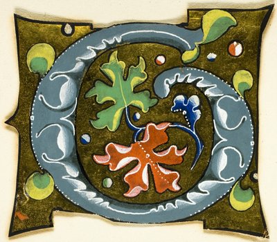 Geschmückter Initialbuchstabe "G" in Grau mit roten, grünen und blauen Blättern aus einem Manuskript von Unknown artist