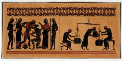 Niederlage des Minotaurus durch Theseus - „Gemälde antiker Vasen, gemeinhin etruskisch genannt“, aus verschiedenen Sammlungen entnommen und von A. Clener graviert, begleitet von Erklärungen von A.L. Millen. Von Dubois-Maisonneuve. Bibliothek von Maisons Al von Unknown artist