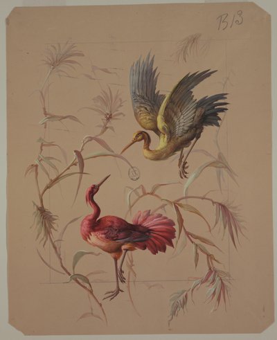 Entwurf für Tapeten und Textilien: Blumen und Vögel von Unknown artist