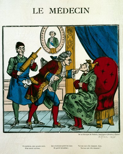Arztszene, die einen Arzt zeigt, der einen Patienten untersucht, sein Assistent hinter ihm hält einen Klistier. Gravur aus dem 19. Jahrhundert von Unknown artist