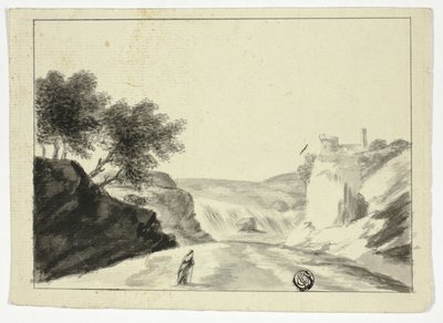 Verhüllte Figur in Landschaft mit Burg auf einem Felsen von Unknown artist