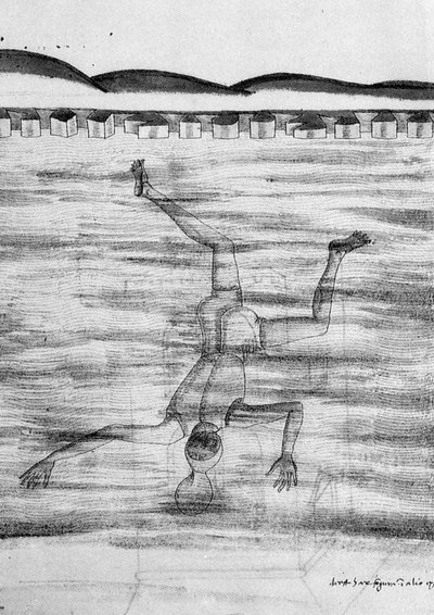Zeichnung aus dem 15. Jahrhundert, die einen Mann zeigt, der mit einer Art Maske ins Wasser geht. von Unknown artist
